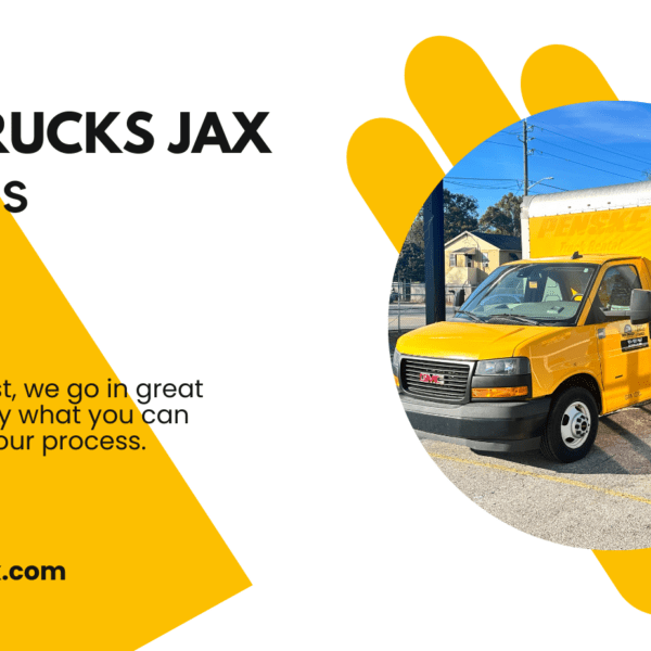 Graphic promoting "Box Trucks Jax" featuring a bright yellow box truck parked on a sunny street, accompanied by a link to learn more at boxtrucksjax.com.